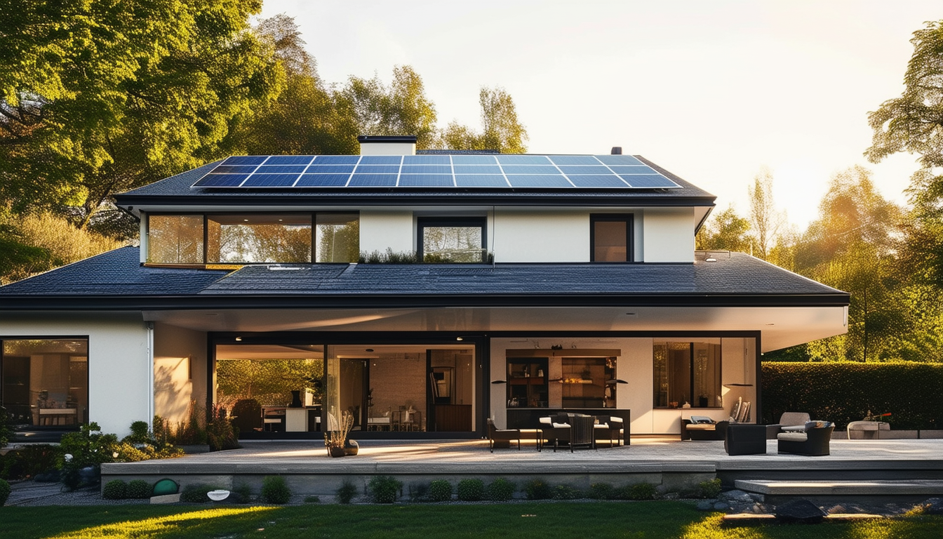 A modern home with solar panels installed on the r